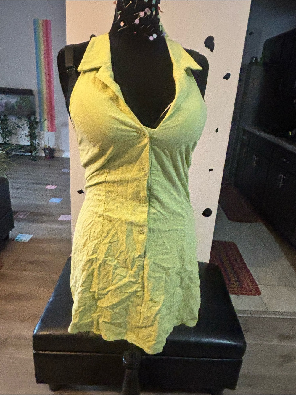 SHEIN Yellow Backless Button-Front Mini Dress xl